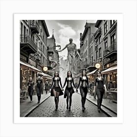 Steampunk Street People Monochrome Cubism Style Art Print