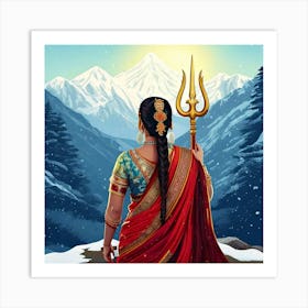 Firefly Indian, Married Woman, Sari, Traditional, Durga, Trident, Weapon, Snow, Hills, Backward View (11) Art Print