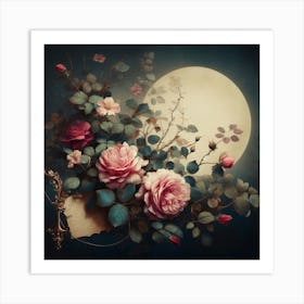 Roses And Moon Art Print