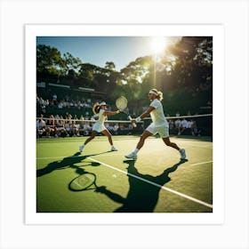 Tennis Match Underway Sunlight Casting Dynamic Shadows On The Green Court Players Poised Mid Swing (4) Art Print