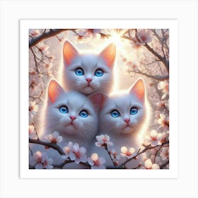 Three White Cats In Cherry Blossoms Art Print