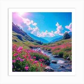 Pink Flowers In The Mountains, morning view of the river, blue sky , attracting view of AI art Art Print