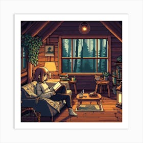 Pixel Art Cozy Cabin Reading Art Print