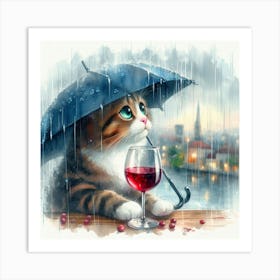 Cat Drinking Wine In The Rain 8 Art Print