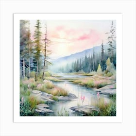 Watercolor A Serene Landscape In Gifford Pinchot National Forest Art Print