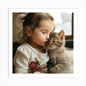 Little Girl Kissing Kitten Art Print