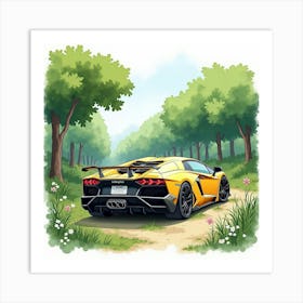 Lamborghini Reventón Surrounded By Watercolor Lush Greenery 1 Art Print