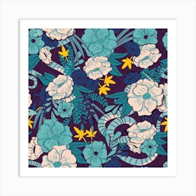 Flower And Floral Pattern On Purple With Blue And Yellow Decoration Square Art Print