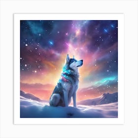 Husky lit by the Northern Lights Art Print