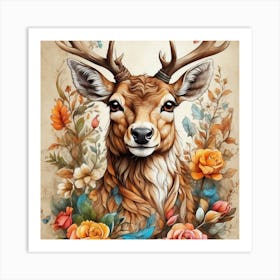 Deer With Flowers Art Print