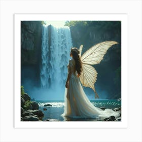 Fae Queen In A Shimmering Gown Standing By A Sparkling Waterfall 1 Art Print