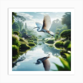 Egret Flying Over Pond Art Print