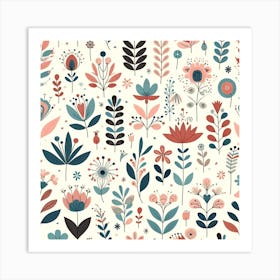 Title: "Botanical Tapestry: A Whimsical Floral Array"  Description: "Botanical Tapestry" is a charming and vibrant illustration that celebrates the diversity and whimsy of flora. A plethora of stylized flowers and leaves are arrayed in a joyful pattern, featuring a delightful mix of shapes, sizes, and colors. The soft color palette combines coral pinks, muted blues, and earthy greens, invoking a sense of playfulness and springtime freshness. Each botanical element is intricately designed, with small decorative details that add to the overall tapestry-like quality of the piece. This artwork is perfect for bringing a burst of nature's whimsy and a palette of soothing colors into any living space, making it ideal for those who appreciate the subtle intricacies and the cheerful essence of a garden in bloom. Art Print