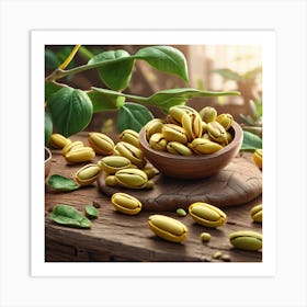 Pistachios On Wooden Table Art Print