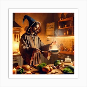 Young mage cooking a meal in a modern kitchen Art Print