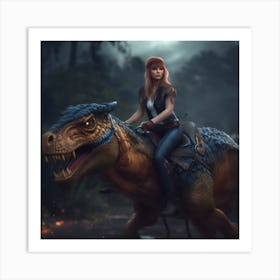 Jurassic Girl Riding Dinosaur Art Print