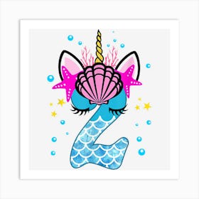 2nd Birthday Girl Unicorn Mermaid 2 Years Old Art Print