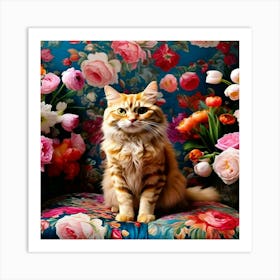 Cat Sitting In A Floral Chair Art Print