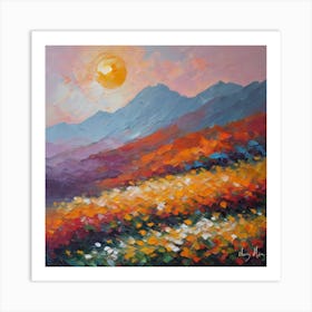 Sunset In The Mountains with flowers Art Print