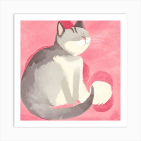 Cat Sitting On Pink Background Art Print