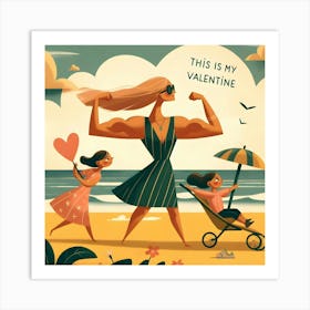 This Is My Valentine - Powerful Mom with Children at Beach Art Print