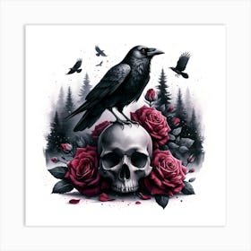 Crow on Skull with Roses Art Print