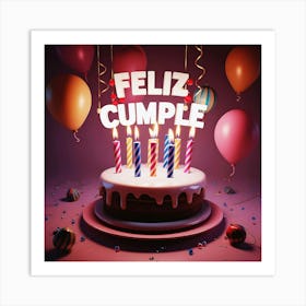 Feliz cumple and Feliz cumpleaños sign means Happy Birthday in Spanish language, Birthday party celebration gift with birthday cake candle colorful balloons best congratulation over light background wall artFeliz Cumple 22 Art Print