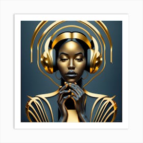 Gold Girl With Headphones Art Print