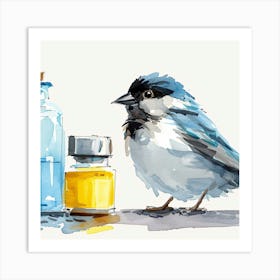 Watercolor Bird With Medicine Bottle Art Print