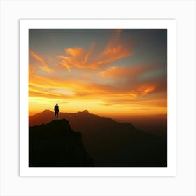 Sunset Man Standing On Top Of Mountain Art Print