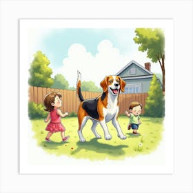 A Lively Beagle Playing In The Backyard With A Family, Watercolor 1 Art Print