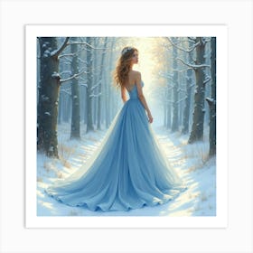 Beautiful Woman In Watercolor Gown, Scenic Winter Forest 1 Art Print