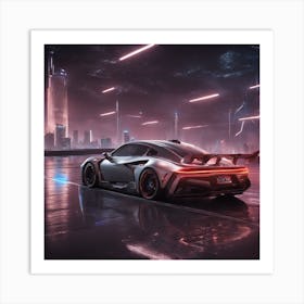 Shipping On The Concrete Floor, The Background Is The Starry Sky As Well As The City Night Scene, So Art Print