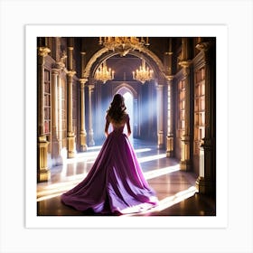 Beautiful Woman In A Purple Dress In A Dark Room Art Print