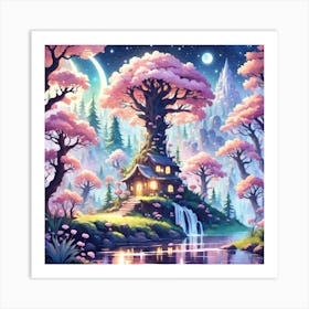 A Fantasy Forest With Twinkling Stars In Pastel Tone Square Composition 99 Art Print