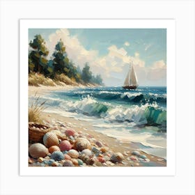 Sea Shells And Sailboat On The Beach, Acrylic Painting Style Art Print