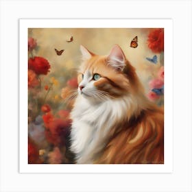 Orange Cat With Butterflies Art Print