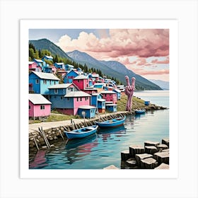 Fishing Village Pastel Cubism Style Art Print