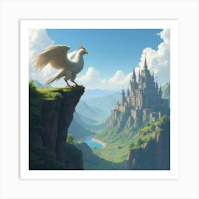 A Griffin Perched On A Cliff, Overlooking A Vast Kingdom 1 Art Print