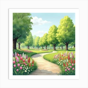 An English Park In Spring With Blooming Flowers And Green Trees, Watercolor Art Print