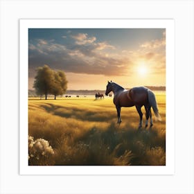 Horse In The Field At Sunset Art Print