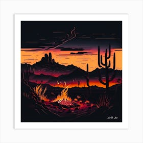 Desert Campfire - Red Touched Minimal Illustration Art Print