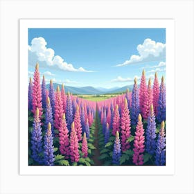 A Picturesque Scene Of A Field Of Pink And Purple Lupines Under A Blue Sky 5 Art Print