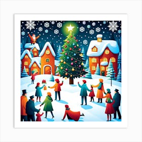 Christmas Village, Rein deer, Christmas Tree art, Christmas Tree, Christmas vector art, Vector Art, Christmas art, Christmas, happy people  Art Print