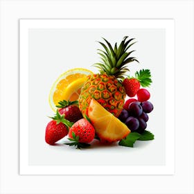 A pineapple and other fruits are on a white background.Fruit Png Art Print