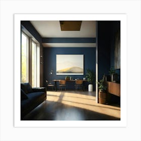 Modern Living Room With Blue Walls 1 Art Print