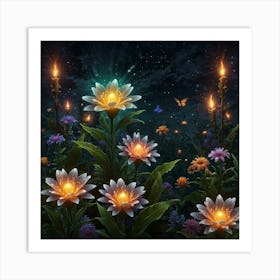 Lotus Flowers In The Night Art Print