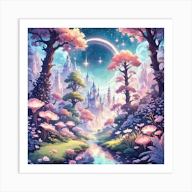 A Fantasy Forest With Twinkling Stars In Pastel Tone Square Composition 382 Art Print