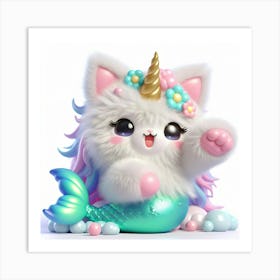 Fluffy 3D image of mermaid caticorn 6 Art Print