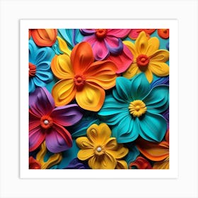 Colorful Flowers On Blue Background Art Print